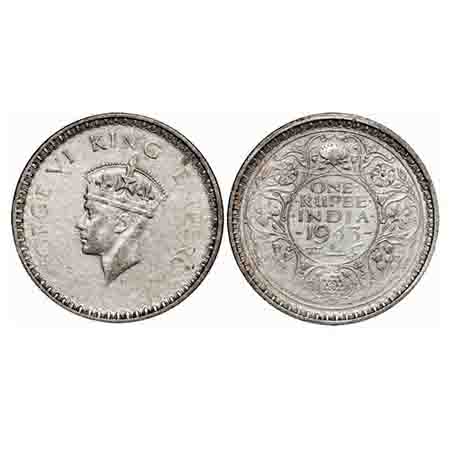 George VI, Half Silver, Rupee, 1943, Bombay Mint, C/II, Diamond, Security edge, Large 3, D