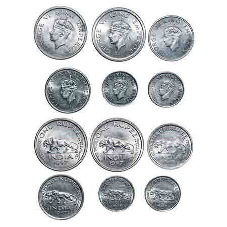 George VI, Nickel, (lot of 6 coins), 1) Rupee, 1947, Bombay Mint, E/IV, Diamond, Security 