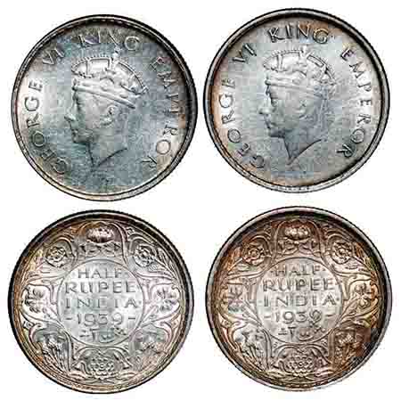 George VI, Silver, Half Rupee, (2 coins), 1939, Bombay Mint, A/I, Dot, Head Type I, Milled