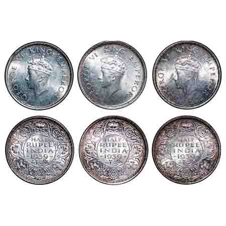 George VI, Silver, Half Rupee, (3 coins), 1939, Bombay Mint, A/I, Dot, Milled edge. F. Pri