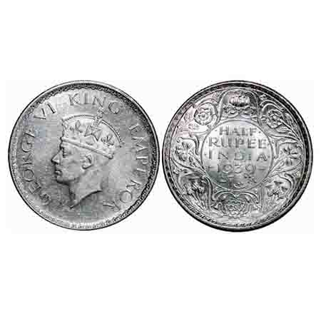 George VI, Silver, Half Rupee, 1939, Calcutta Mint, A(a)/I, No dot, Milled edge, Head Type