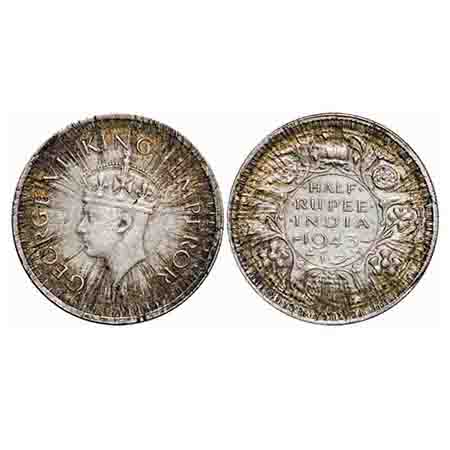 George VI, Half Silver, Half Rupee, 1943, Head Type II, Error, Sun Burst Error. Rare.