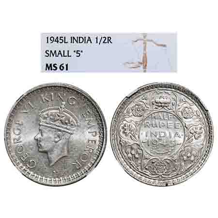 George VI, Half Silver, Half Rupee, 1945, Lahore Mint, B/II, 'L' raised, Head Type II, Sec