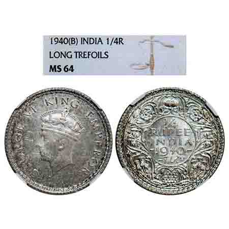 George VI, Half Silver, 1/4 rupee, 1940, Bombay Mint, Head Type I, Rev I, Dot, Milled edge