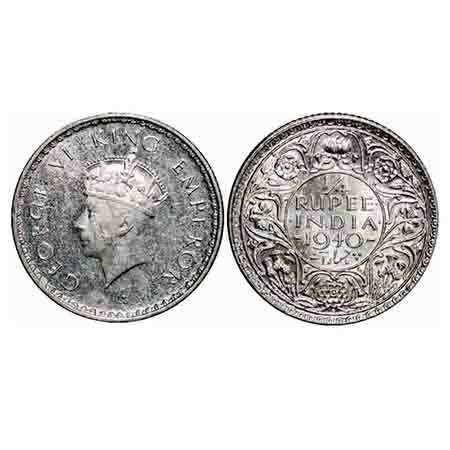 George VI, Half Silver, 1/4 Rupee, 1940, Bombay Mint, Head Type I, Rev I, Dot, Milled edge