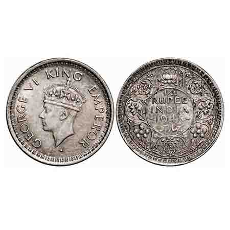 George VI, Half Silver, 1/4 Rupee, 1945, Bombay Mint, Head Type II, Rev II, Dot, Security 