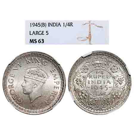 George VI, Half Silver, 1/4 Rupee, 1945, Bombay Mint, Head Type II, Rev II, Dot, Security 