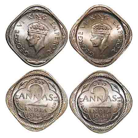 George VI, Copper-Nickel, 2 Annas, (2 coins), 1941, Head Type II, 1) Bombay Mint, Dots by 