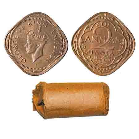 George VI, Nickel-Brass, 2 Annas, 1943, (24 coins roll), Bombay Mint, Head type II, Dots b