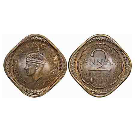 George VI, Nickel-Brass, 2 Annas, 1944, Lahore Mint, Head Type II, No dots by year, 'L' ra