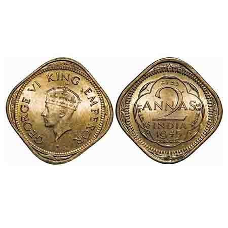 George VI, Nickel-Brass, 2 Annas, 1945, Calcutta Mint, Head Type II, No dot by year. F. Pr