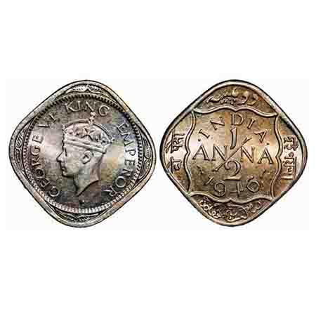 George VI, Copper-Nickel, 1/2 Anna, 1946, Bombay Mint, Dots by India, Dash-Dot-Dash, Tiny 