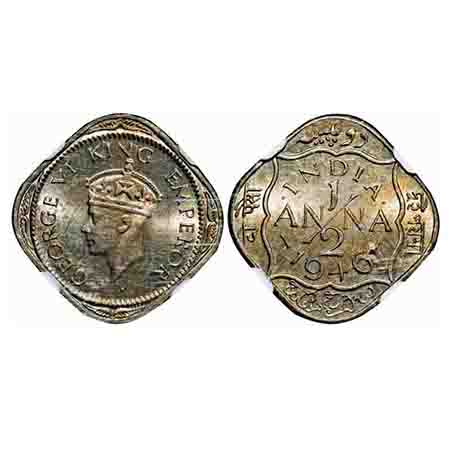 George VI, Copper-Nickel, 1/2 Anna, 1946, Calcutta Mint, Dots by India, Dashes by year. F.