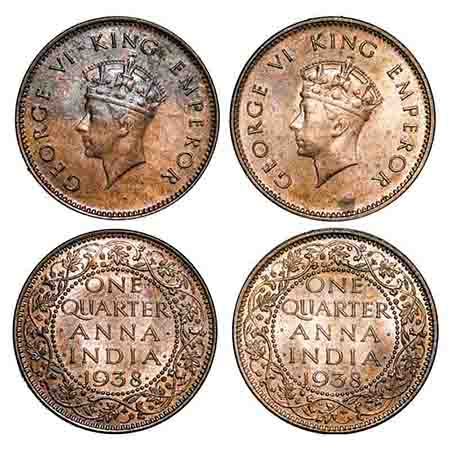 George VI, Bronze, Quarter Anna, 1938, (2 coins), Head Type I, 1) Bombay Mint, Dot, Dots b