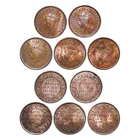 George VI, Bronze, Quarter Anna, (lot of 5 coins), Bombay Mint, Dot, 1) 1938, Head Type I,
