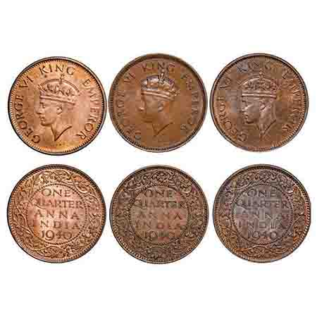 George VI, Bronze, Quarter Anna, (3 coins), 1940, 1) Bombay Mint, Head Type I, Dot, 2) Bom