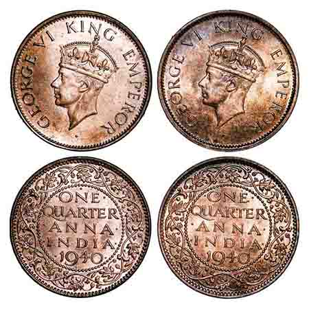 George VI, Bronze, Quarter Anna, 1940, (2 coins), 1) Bombay Mint, Head Type II, Dot, 2) Ca