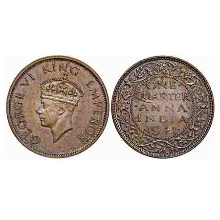George VI, Bronze, Quarter Anna, 1941, Bombay Mint, head Type II, Dot. F. Prid 693. GK 142