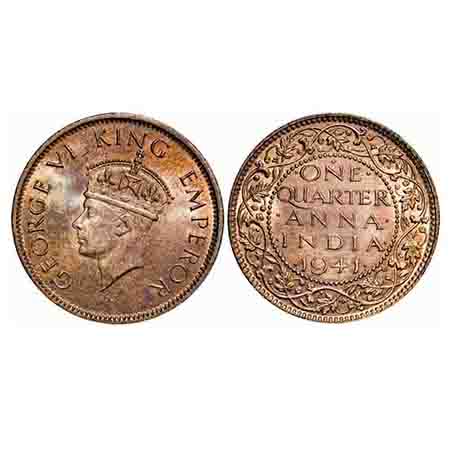 George VI, Bronze, Quarter Anna, 1941, Bombay Mint, Head Type II, Dot. F. Prid 693. GK 142