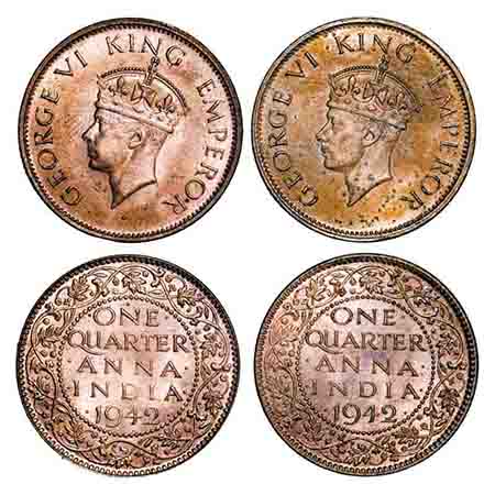 George VI, Bronze, Quarter Anna, 1942, (2 coins), 1) Bombay Mint, Head Type II, Dot, 2) Ca