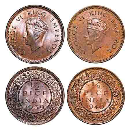 George VI, Bronze, 1/2 Pice, (2 coins), 1) 1939, Bombay Mint, Head Type I, Dot, 2) 1940, C