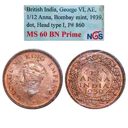George VI, Bronze, 1/12 Anna, 1939, Bombay Mint, Head Type I, Dot. F. Prid 860. GK 1453. N