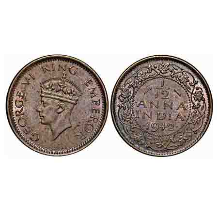 George VI, Bronze, 1/12 Anna, 1942, Bombay Mint, Head Type II, Dots by year. F. Prid 863. 