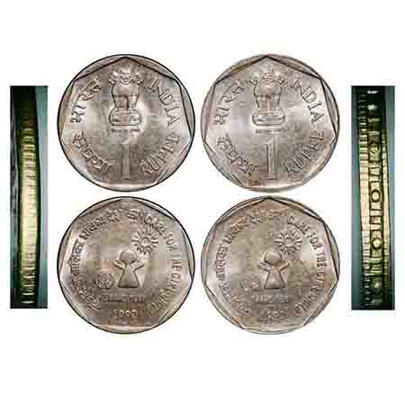 1 Rupee, 1990, (2 coins), Copper-Nickel, 6.0g, Mumbai Mint, Care For The Girl Child, 1) No