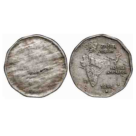 2 Rupees, 1997, Copper-Nickel, 6.10g, Hyderabad Mint, Error, Obverse Mistruck.