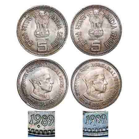 5 Rupees, 1989, (2 coins), Copper-Nickel, 12.5g, Mumbai Mint, Jawaharlal Nehru Centenary, 