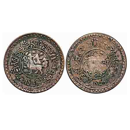 Tibet, Copper 3 Sho, 7.71g, (1949 AD), BE 16-20 (1946), Obv: Single cloud line, Rev: Four 