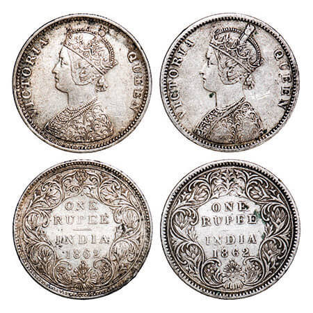Victoria Queen, Silver, Rupee, (2 coins), 1862, Bombay Mint, 1) A/I/1/2, With initial ‘J’,