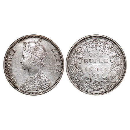Victoria Queen, Silver, Rupee, 1862, Bombay Mint, C/II/1/2, 2 dots above the bottom flower