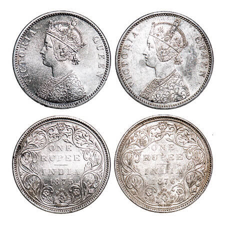 Victoria Queen, Silver, Rupee, (2 coins), Bombay Mint, 1) 1875, A2/II, No dot, Top stroke 