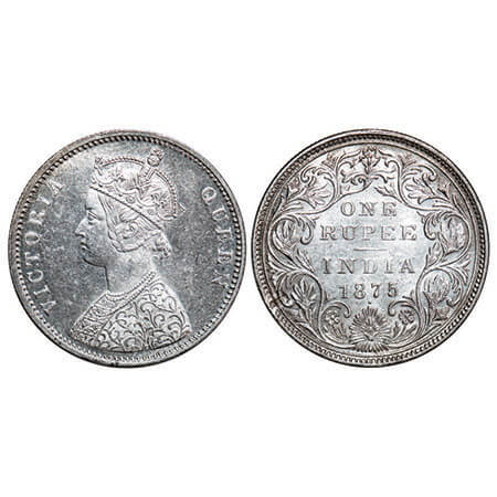 Victoria Queen, Silver, Rupee, 1875, Bombay Mint, A2/II, Dot, Top stroke of numeral 5 long