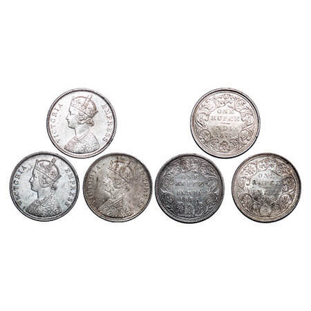 Victoria Empress, Silver, Rupee, (3 coins), Bombay Mint, 1) 1877, A2/II, Dot, 2) 1878, A3/