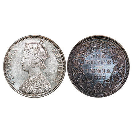 Victoria Empress, Silver, Rupee, 1877, Bombay Mint, A3/II(i), Dot, Thin numeral 77, Ghost 