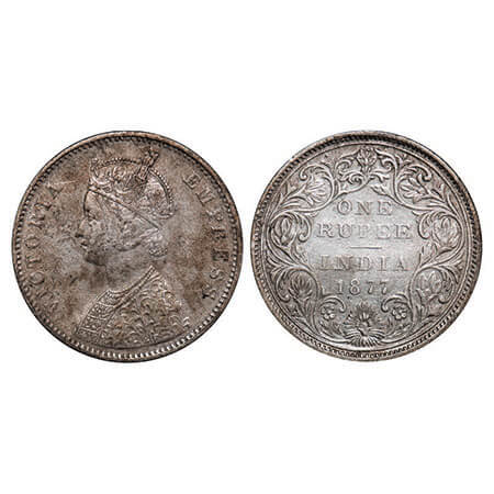 Victoria Empress, Silver, Rupee, 1877, Bombay Mint, A3/II(i), Dot. F. Prid Unlisted. GK 44