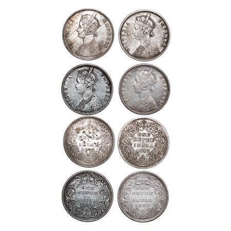 Victoria Empress, Silver, Rupee, (4 coins), 1) 1878, Calcutta Mint, A1/I, No mint mark, 2)