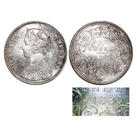 Victoria Empress, Silver, Rupee, 1880, Bombay Mint, A3/II(i), Dot, Ghost on Rev, Inclined 