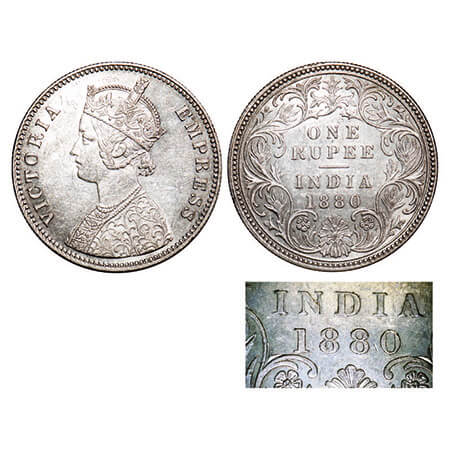 Victoria Empress, Silver, Rupee, 1880, Calcutta Mint, A1/I, ‘C’ incused, Flat top 1. F. Pr