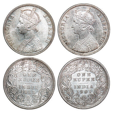 Victoria Empress, Silver, Rupee, (2 coins), 1) 1889, Bombay Mint, C2/I, ‘B’ incused, 2) 19