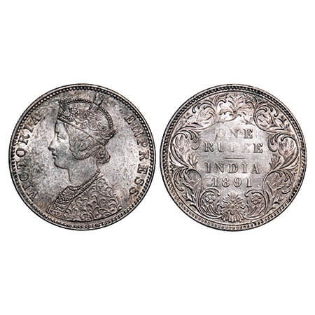 Victoria Empress, Silver, Rupee, 1891, Bombay Mint, C2/I, ‘B’ incused, Flat top 1. F. Prid