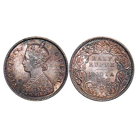 Victoria Queen, Silver, Half Rupee, 1862, Calcutta Mint, A/I, Round Pearls, Ghost on Rev, 
