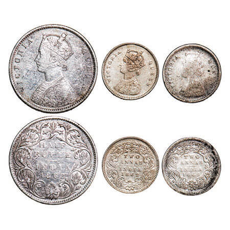 Victoria Queen, Silver, 1862, (3 coins), 1) Half Rupee, Bombay Mint, B1/II, Round Pearls, 