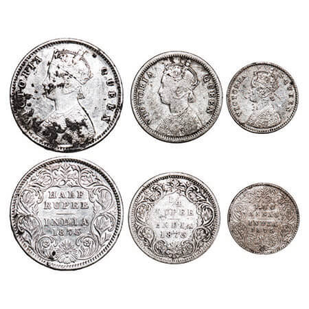 Victoria Queen, Silver, 1875, (3 coins), 1) Half Rupee, Calcutta Mint, A/I, die crack on R