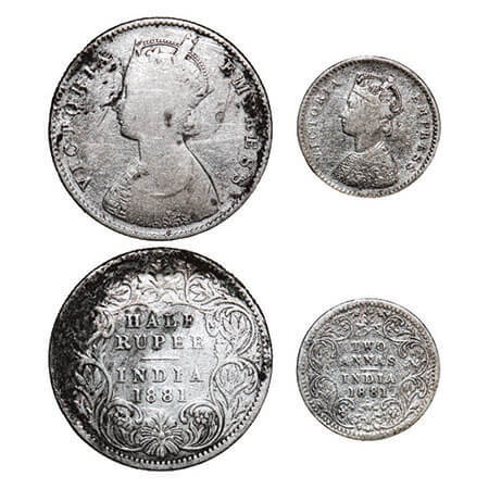 Victoria Empress, Silver, 1881, (2 coins), 1) Half Rupee, Calcutta Mint, A/I, ‘C’ incused,