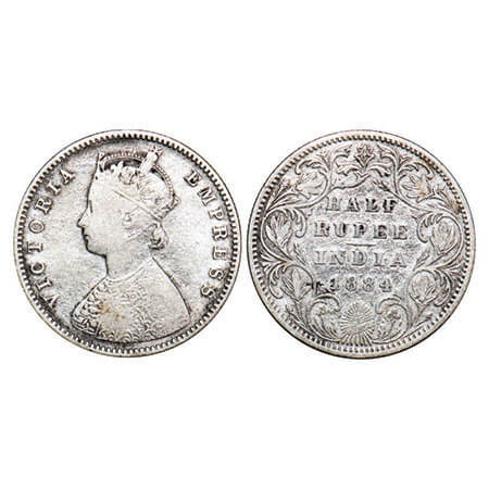 Victoria Empress, Silver, Half Rupee, 1884, Bombay Mint, A/II(a), Dot, Centre verticle str