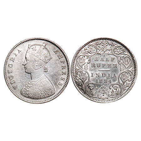 Victoria Empress, Silver, Half Rupee, 1884, Calcutta Mint, A/I, ‘C’ incused. F. Prid 268. 