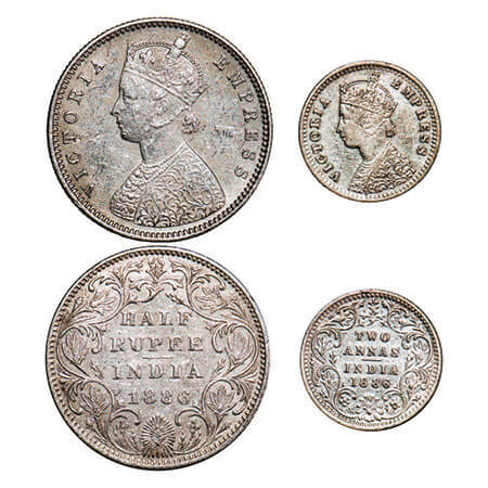 Victoria Empress, Silver, (2 coins), 1886, Bombay Mint, 1) Half Rupee, A/II(i), ‘B’ raised